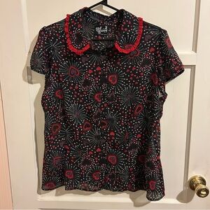 Hell Bunny Pink Red Hearts Peter Pan Collar Short-sleeve Blouse XL